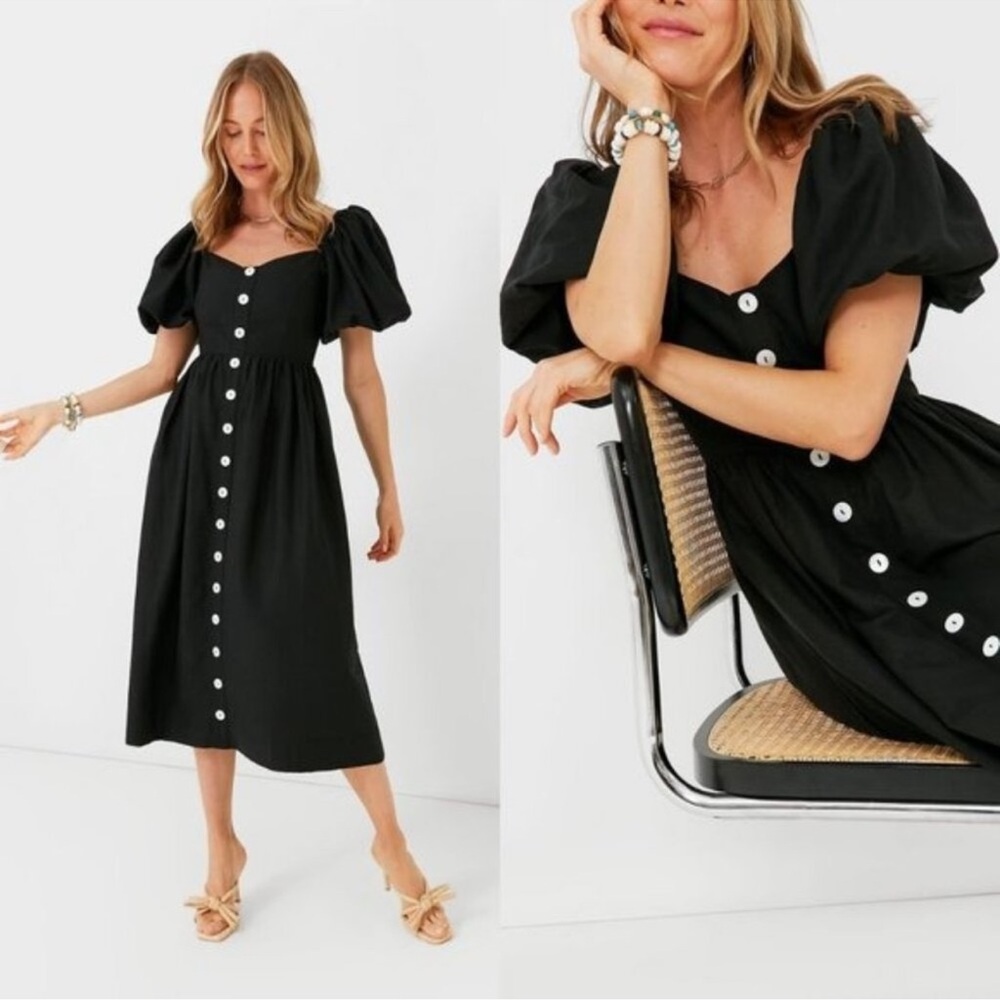 Pomander Place NEW Alexis Puff Sleeve Black Linen Pockets Midi Dress Size S